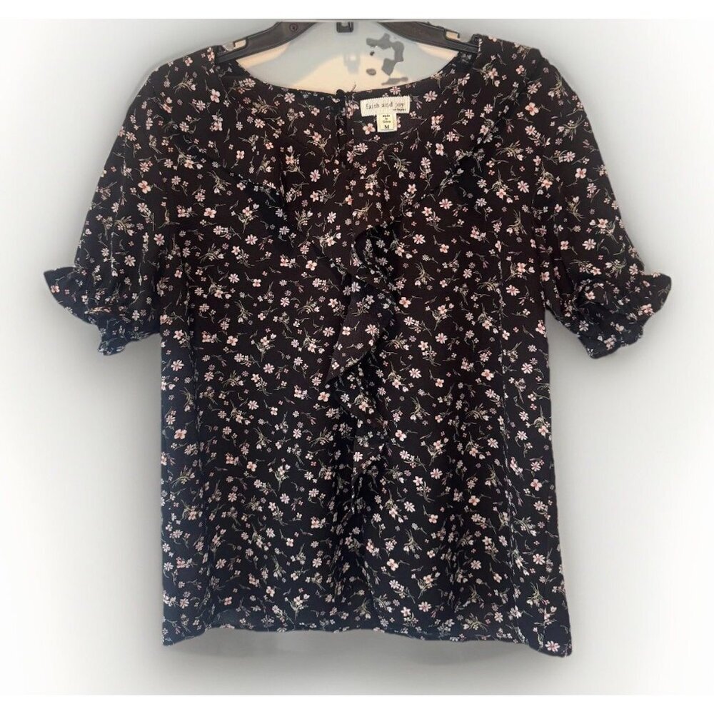 Faith & Joy Womens Short Sleeve Ruffle Floral Top Medium Peasant Fairy Romantic
